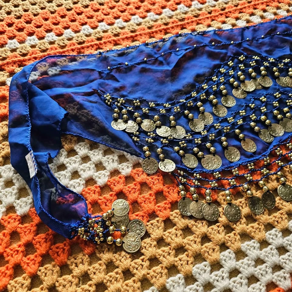 Bellydance Coin Hip Scarf Belt - Royal Blue and Gold - photo 4