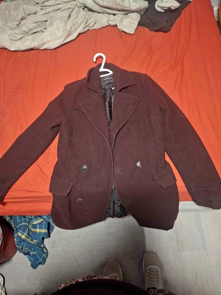 Topman Burgundy Wool-Blend Pea Coat – Women's/Unisex Fit