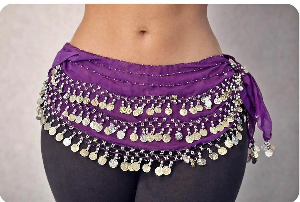 Purple Belly Dance Hip Scarf with Coins and Beads