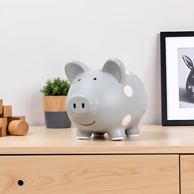 Ceramic Piggy Bank, Gender Neutral Grey Nursery Décor