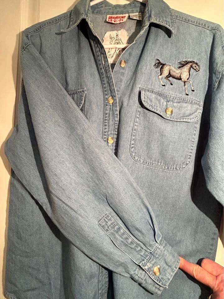 Vintage Denim Shirt with Horse Embroidery – Western Style – Size - photo 5