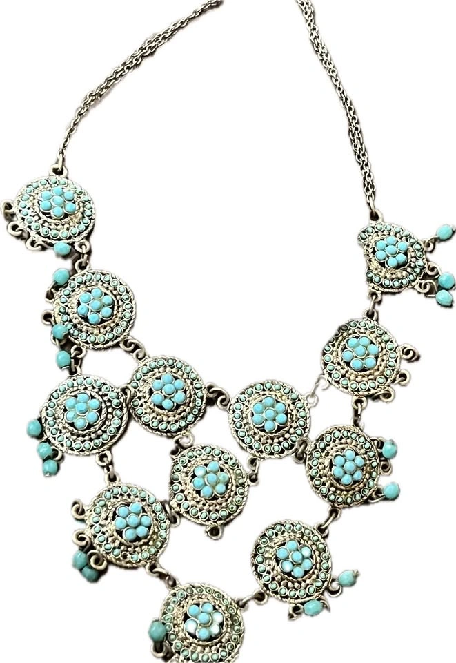 Boho Turquoise Statement Necklace Silver Tone