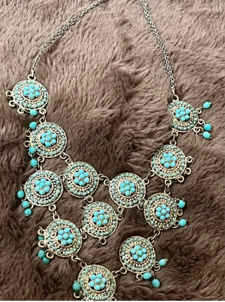 Boho Turquoise Statement Necklace Silver Tone - photo 3