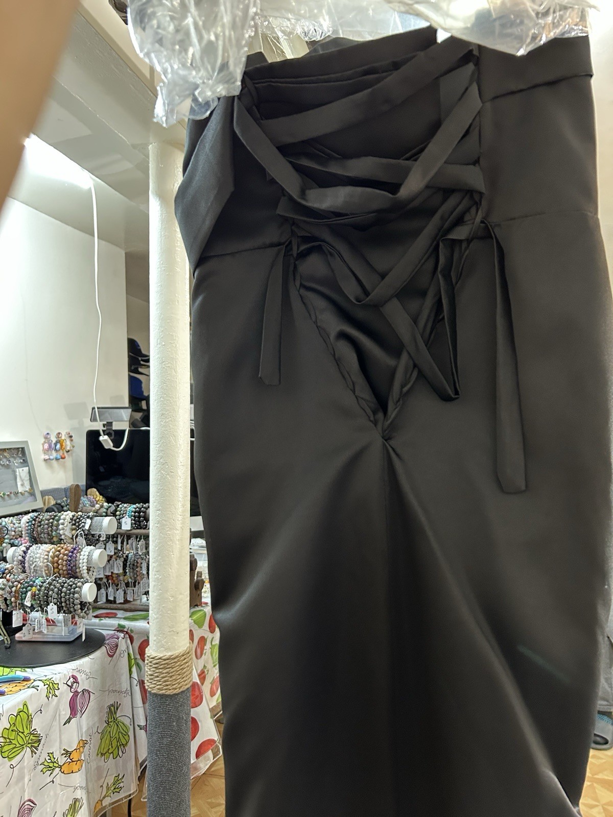 Black Satin Strapless Lace-Up Long Formal Gown Dress M/L