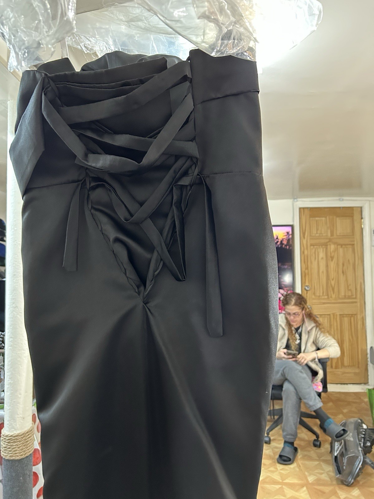 Black Satin Strapless Lace-Up Long Formal Gown Dress M/L - photo 2