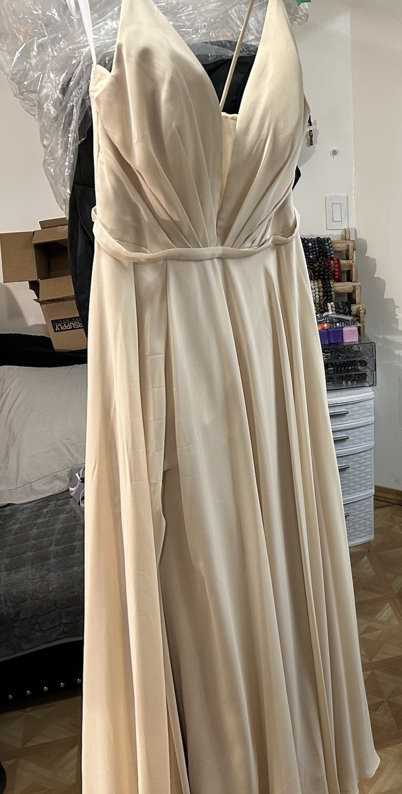 Beige Chiffon Sleeveless Bridesmaid Dress V-Neck Formal Size L