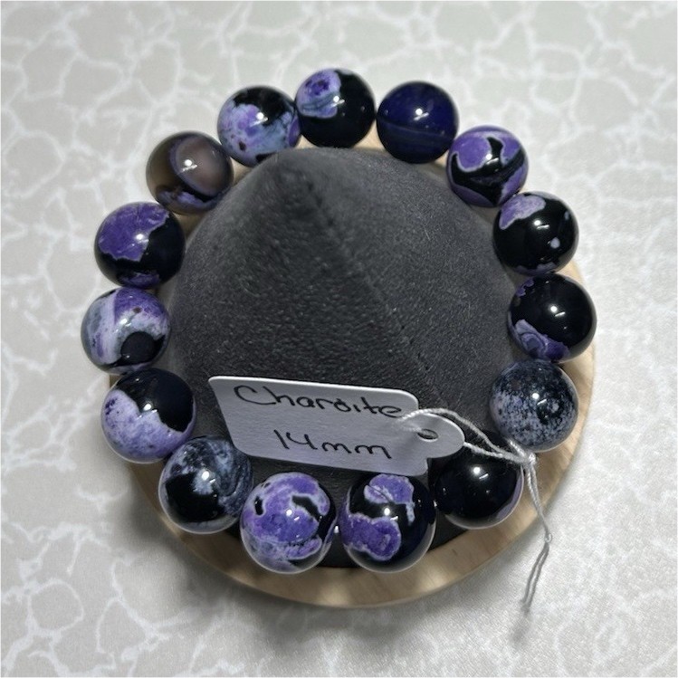 Handcrafted Charoite Beaded Bracelet - 14mm Purple/Black Gemston
