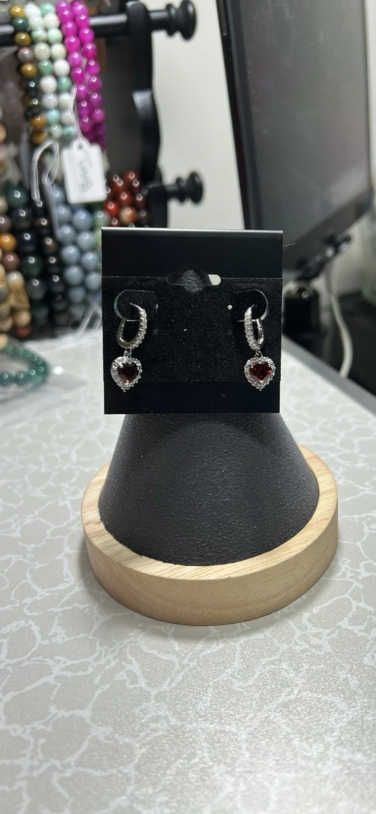 Silver Tone Heart Dangle Earrings Red Stone