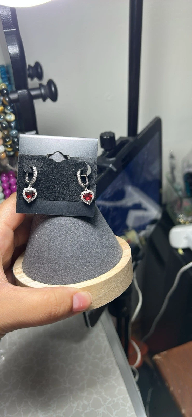 Silver Tone Heart Dangle Earrings Red Stone - photo 2