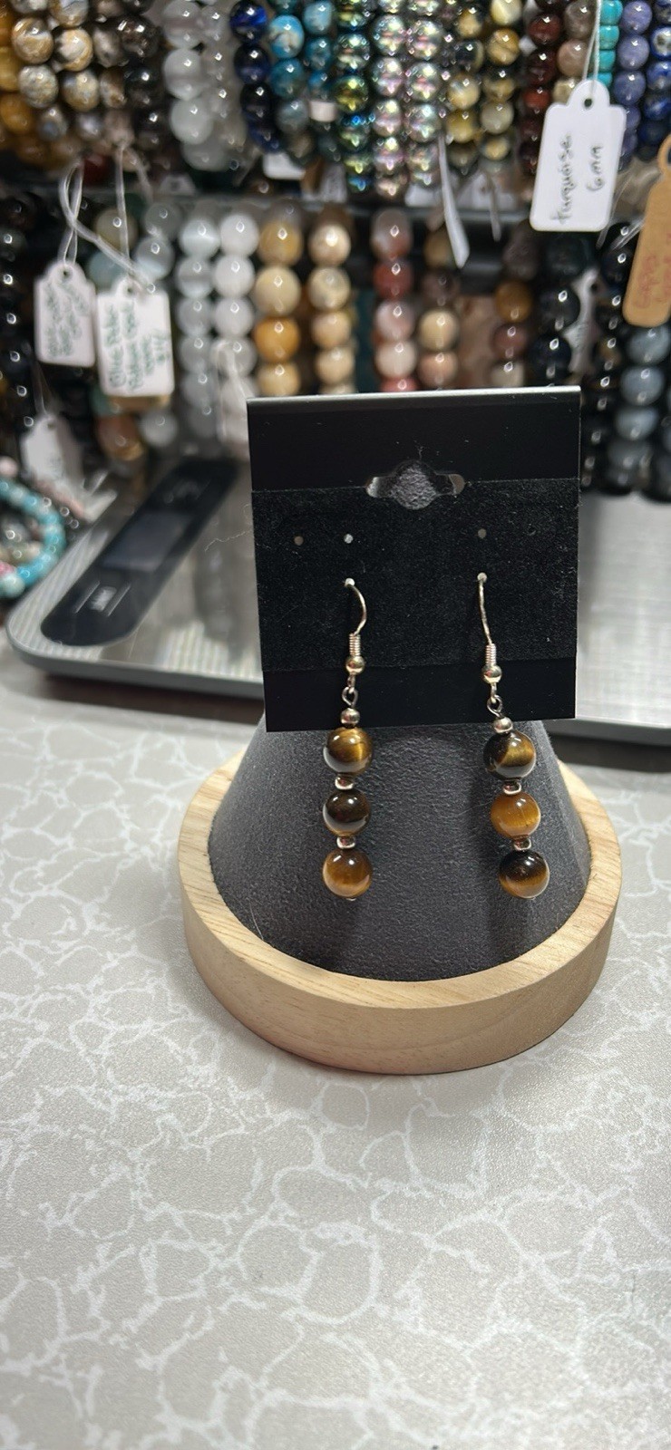 Tiger's Eye Beaded Dangle Earrings Silver Brown Round Hook Natur
