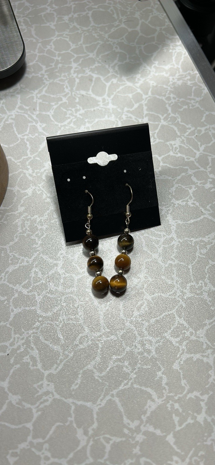 Tiger's Eye Beaded Dangle Earrings Silver Brown Round Hook Natur - photo 2
