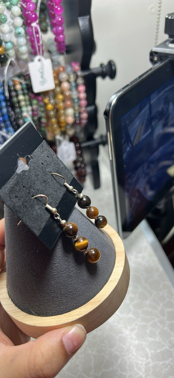 Tiger's Eye Beaded Dangle Earrings Silver Brown Round Hook Natur - photo 3