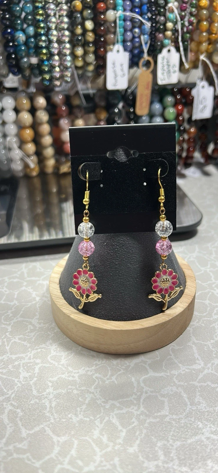 Gold Tone Pink Flower Beaded Dangle Drop Hook Earrings
