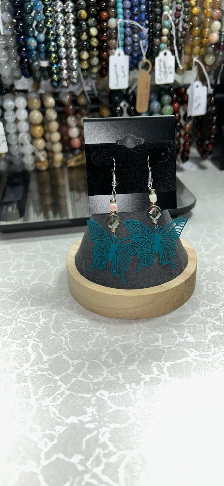 Blue Butterfly Beaded Dangle Drop Earrings