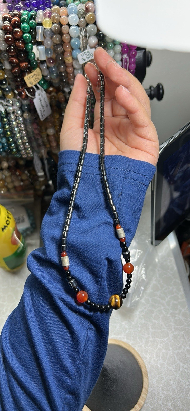 Tiger's Eye & Carnelian Beaded Necklace, Black Brown Red Stone,