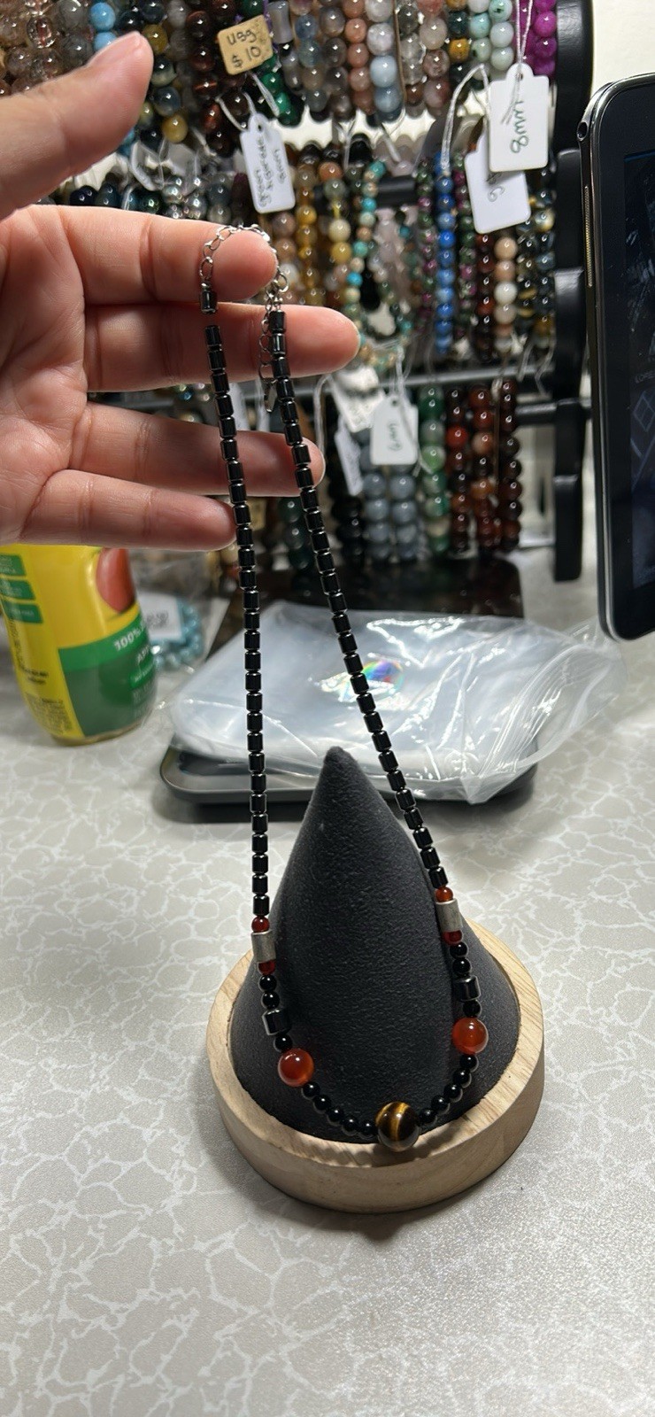 Tiger's Eye & Carnelian Beaded Necklace, Black Brown Red Stone, - photo 2