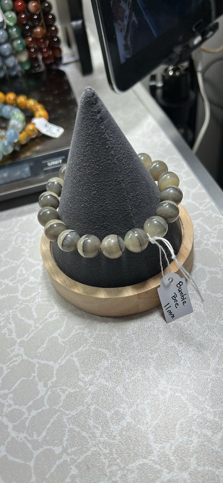 Bumble Bee Gemstone Beaded Bracelet - Gray & White
