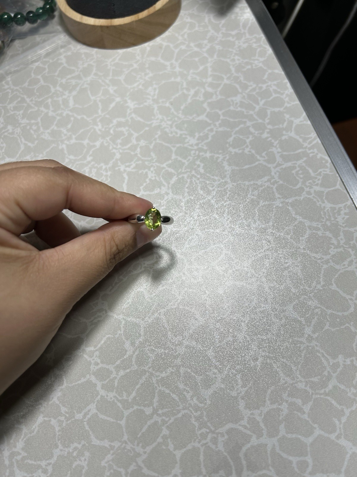 Silver-Tone Solitaire  Peridot Ring Green Oval Stone Size 6