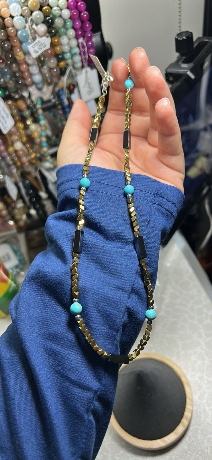 Gold Turquoise Black Beaded Chain Necklace