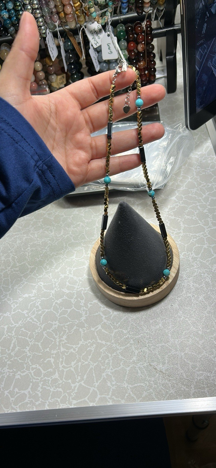 Gold Turquoise Black Beaded Chain Necklace - photo 2