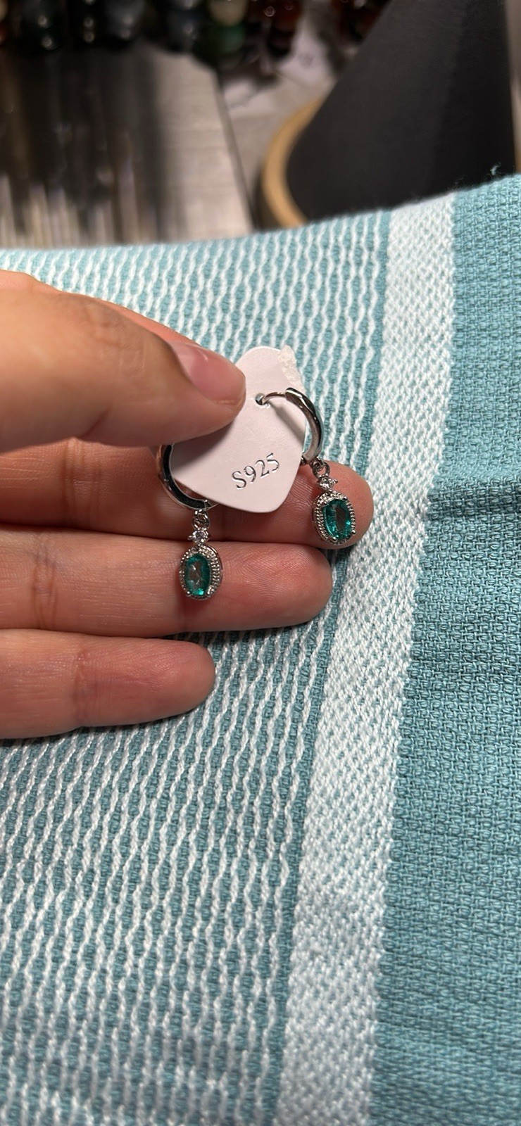 Sterling Silver 925 Oval Halo Dangle Hoop Earrings Green Accent - photo 2