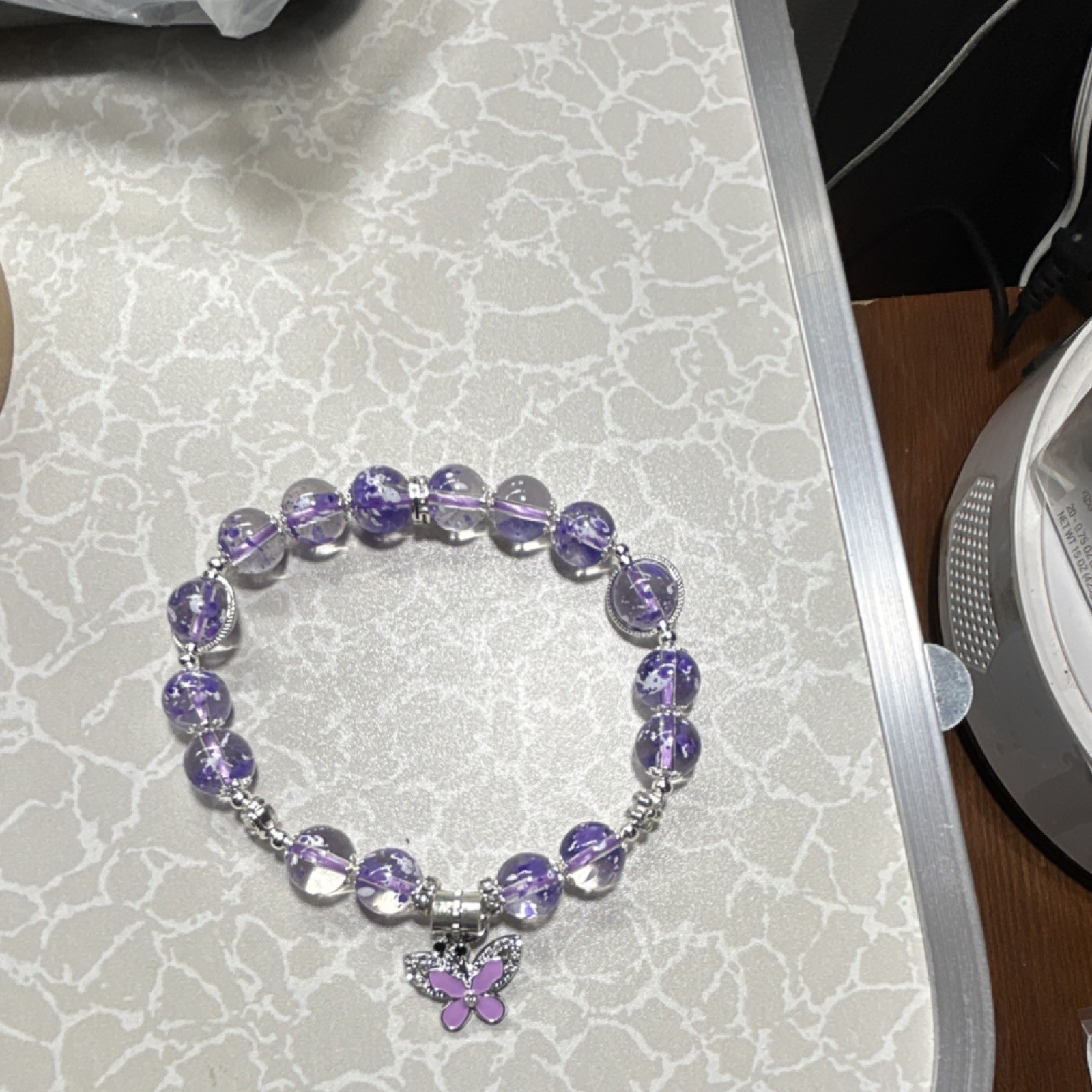 Handcrafted Beaded Bracelet - Purple Glass, Butterfly Charm - photo 3