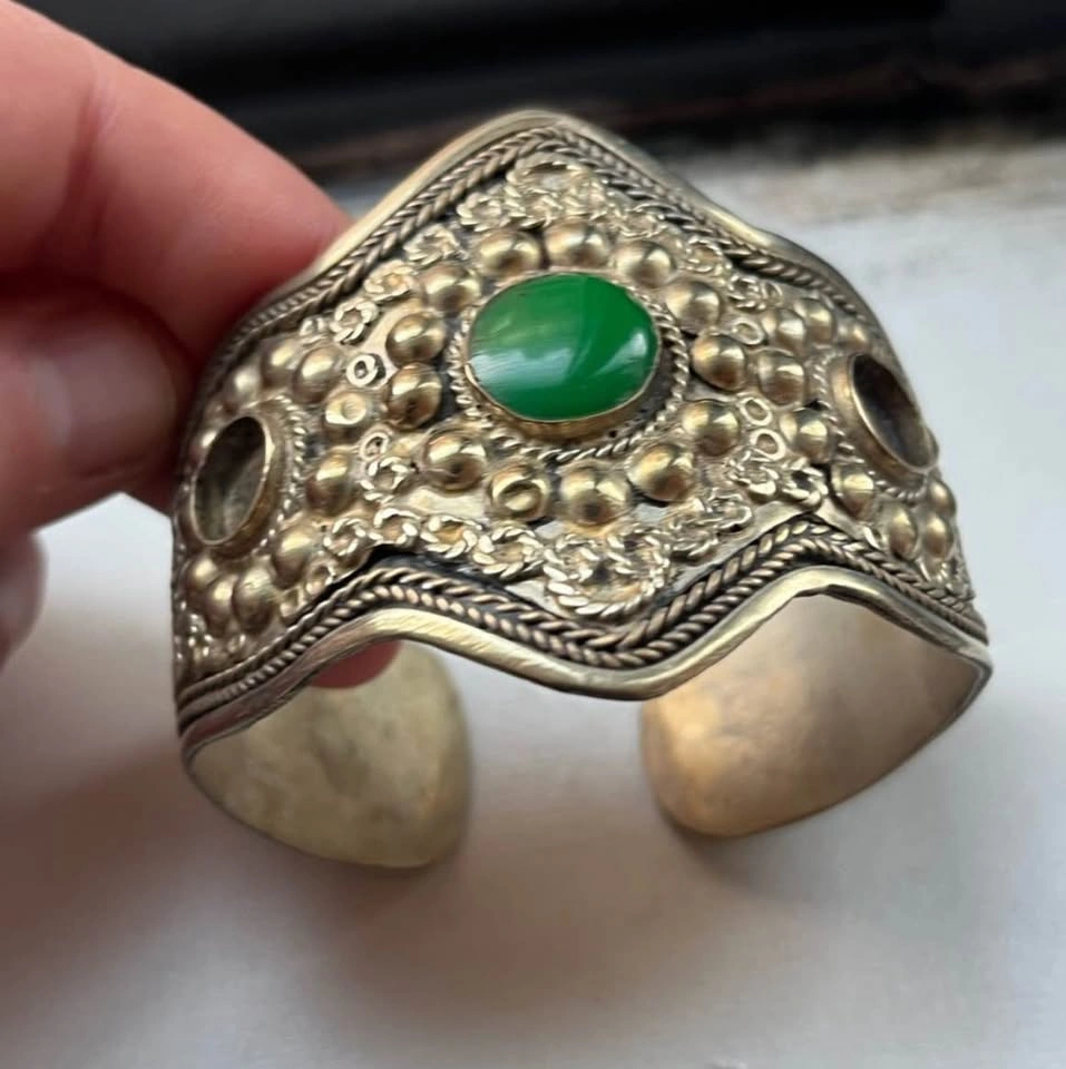 Moroccan Tribal Boho Cuff Bracelet – Green Cabochon - photo 3