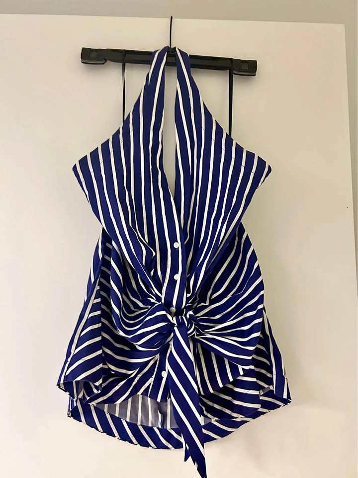 ZARA Blue & White Striped Halter Top - Twist Front - Size L