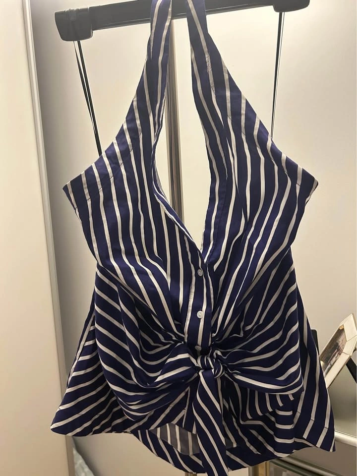 ZARA Blue & White Striped Halter Top - Twist Front - Size L - photo 5