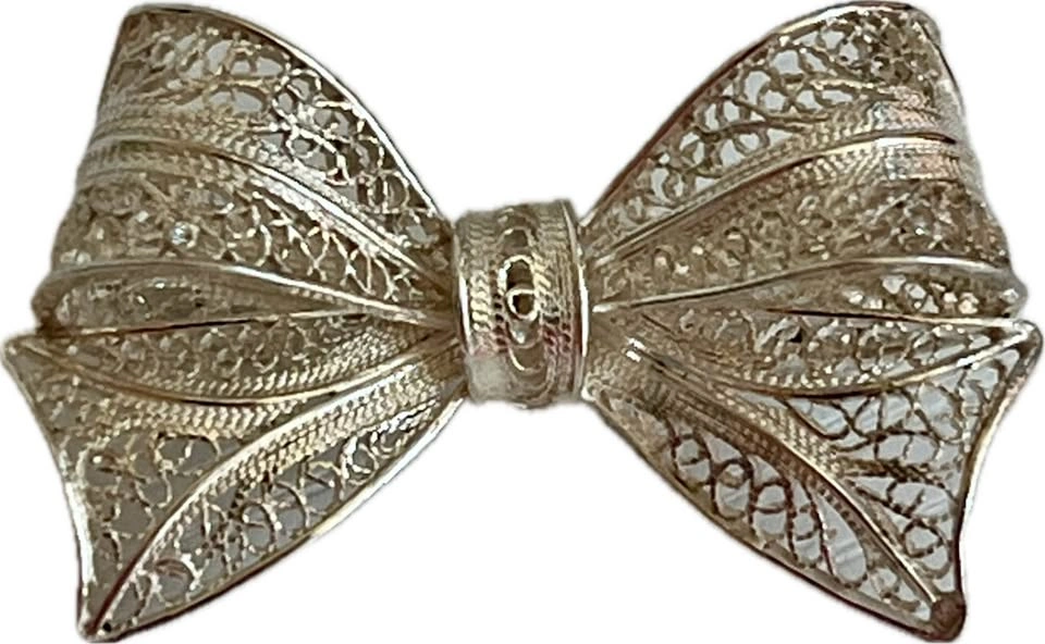 925 Sterling Silver Filigree Bow Brooch - Vintage Style - photo 2