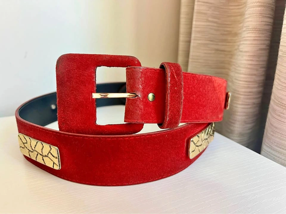 Vintage Red Suede Belt w/ Gold Tone Accent Plates
