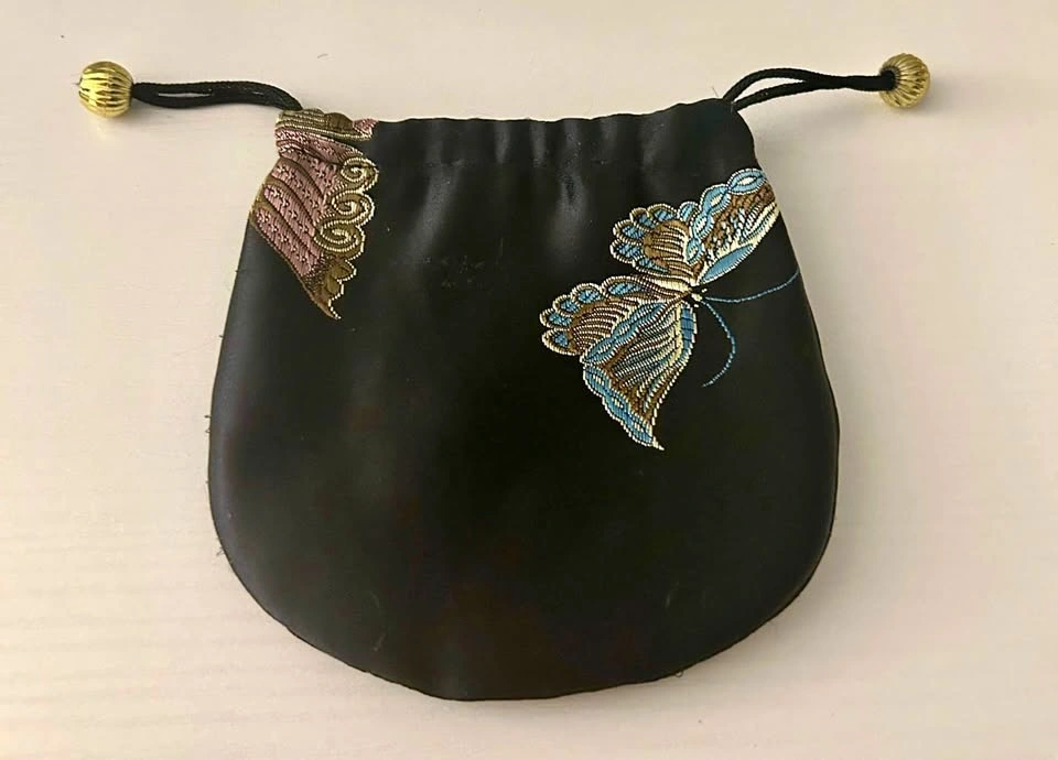 Black Embroidered Butterfly Drawstring Pouch