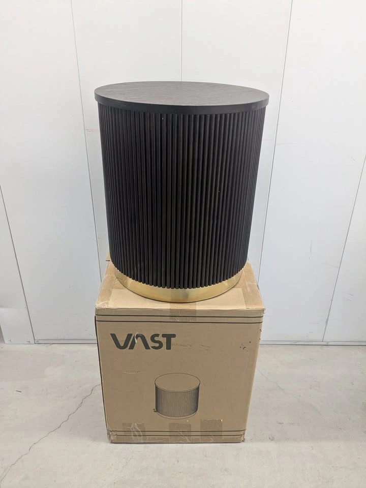 Modern Fluted Round Side Table – Wood Top & Gold Base – New in B