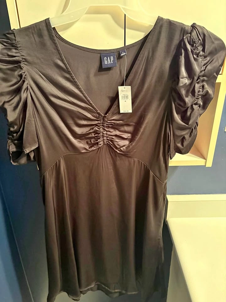 GAP Black Satin Puff-Sleeve Mini Dress - Size M