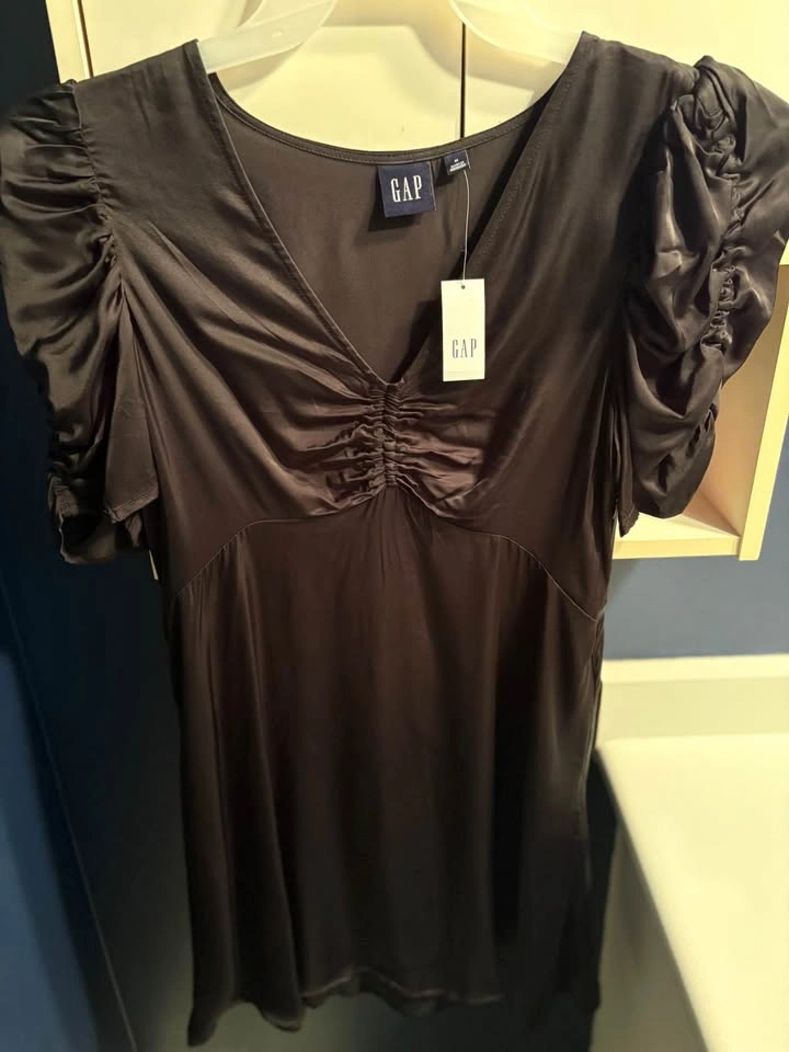 GAP Black Satin Puff-Sleeve Mini Dress - Size M - photo 5