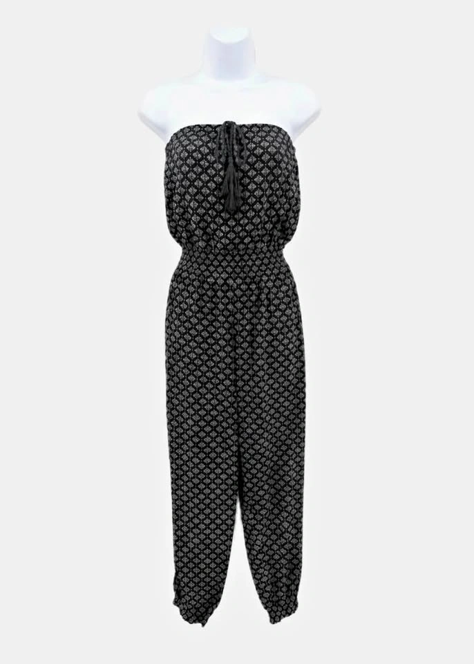 La Vie en Rose Aqua Strapless Jumpsuit - Black/White Palm - XL