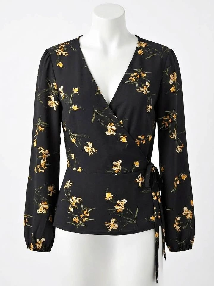 Dynamite Black Floral Wrap Top - Size Large