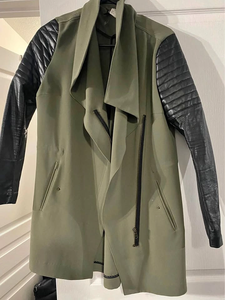 H&M Green Trench Coat with Faux Leather Sleeves