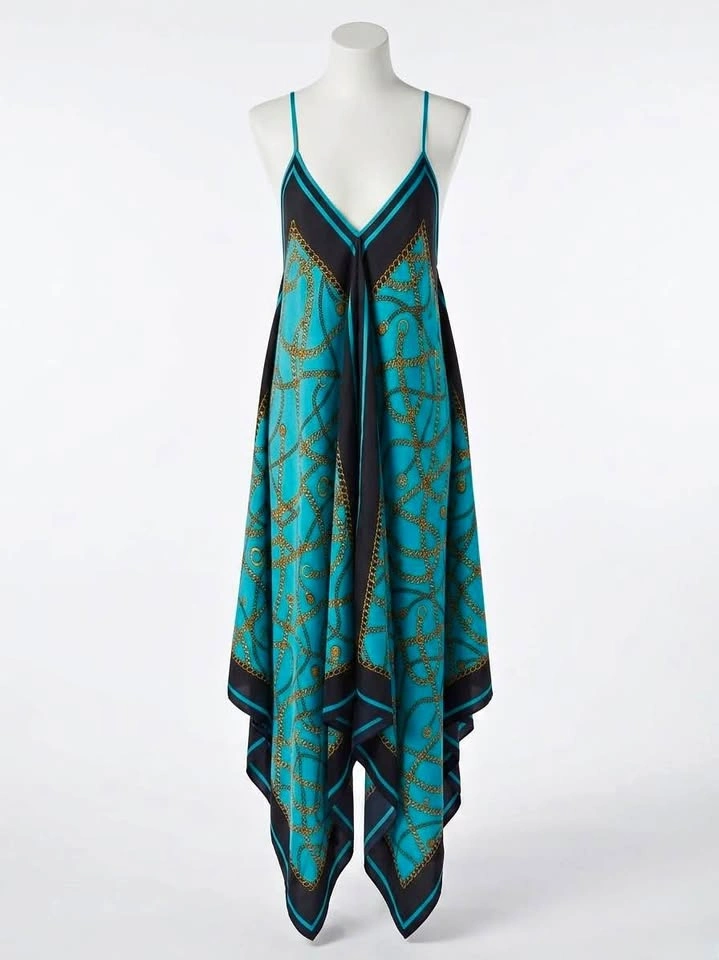 Michael Kors Chain Scarf Print Handkerchief Maxi Dress Turquoise