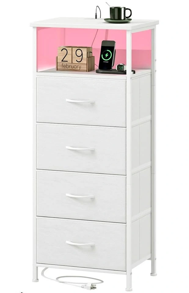 White Nightstand w/ LED Lights & Charging Ports