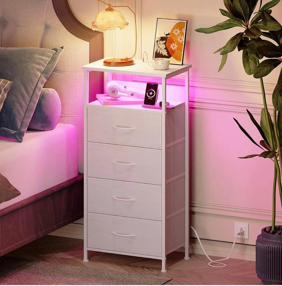 White Nightstand w/ LED Lights & Charging Ports - photo 2