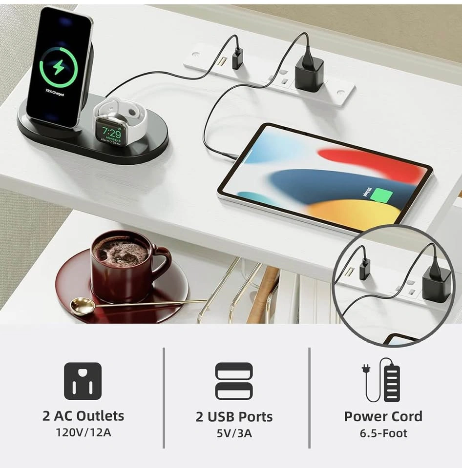 White Nightstand w/ LED Lights & Charging Ports - photo 4