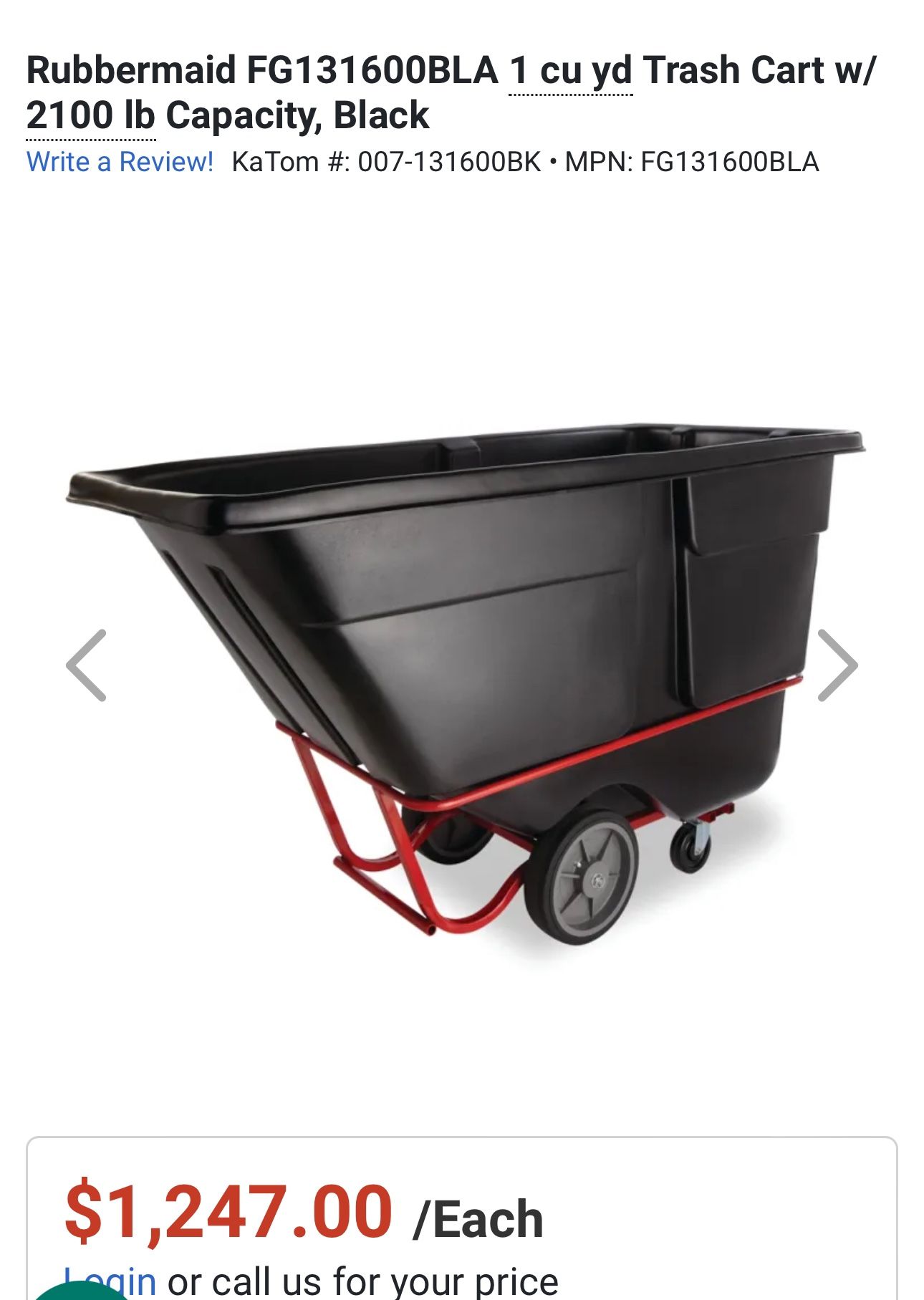 Rubbermaid FG131600BLA 1 cu yd Trash Cart w/ 2100 lb Capacity, B - photo 2