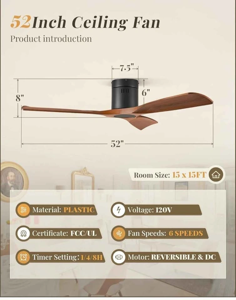 Brand New 52" Walnut Ceiling Fan - 6 Speeds, Reversible DC Motor - photo 2