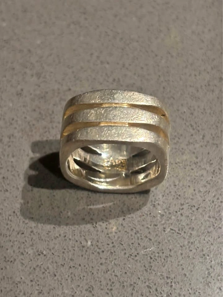 RAGE 925 Sterling Silver Wide Band Ring Gold Stripes Inlay 16g S