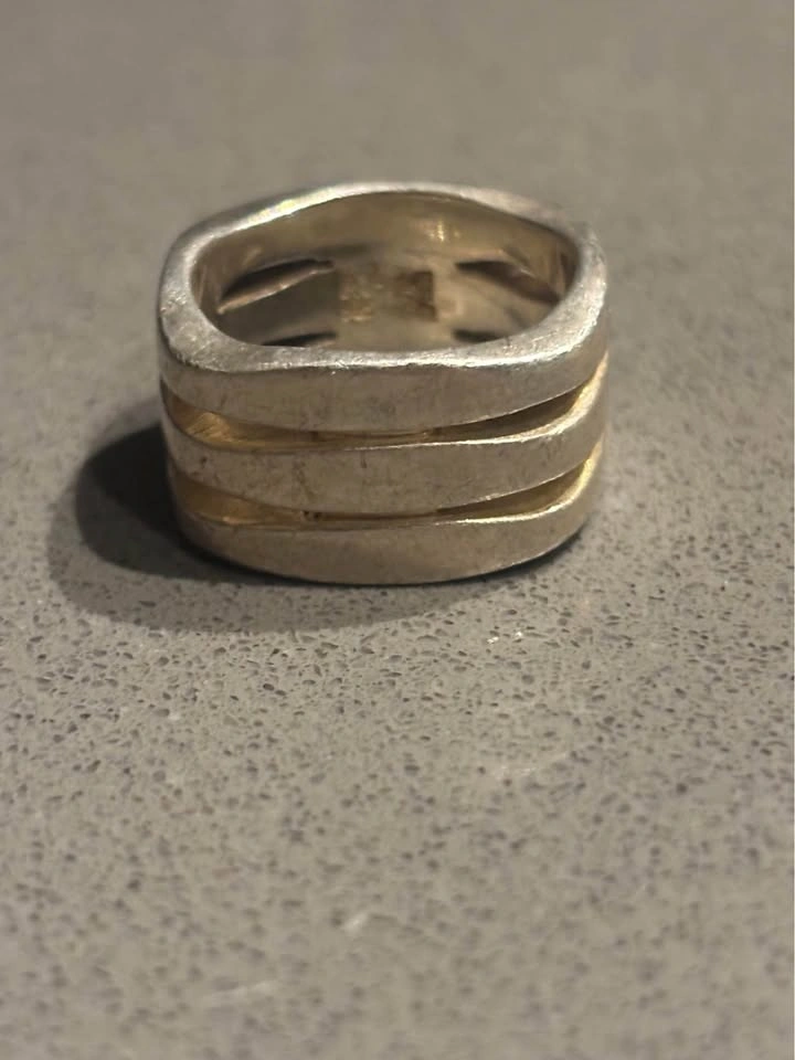 RAGE 925 Sterling Silver Wide Band Ring Gold Stripes Inlay 16g S - photo 2
