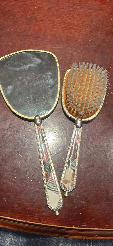 Vintage Plaid Vanity Set Mirror Brush