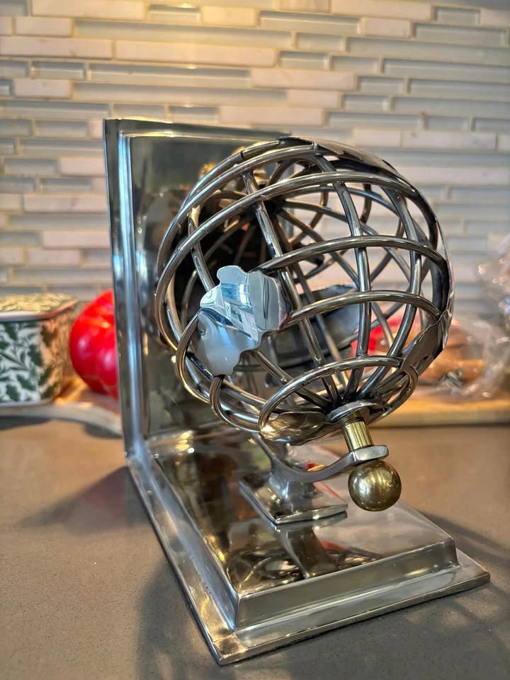 Vintage Chrome Sphere Wire Cage Globe Bookend Sculptural Metal