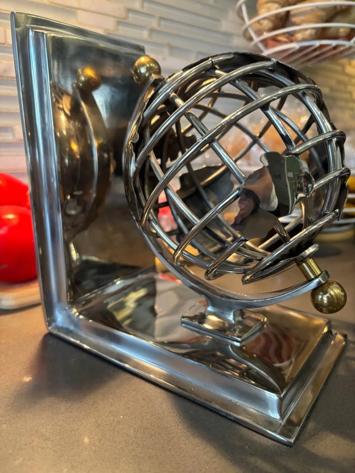 Vintage Chrome Sphere Wire Cage Globe Bookend Sculptural Metal - photo 2