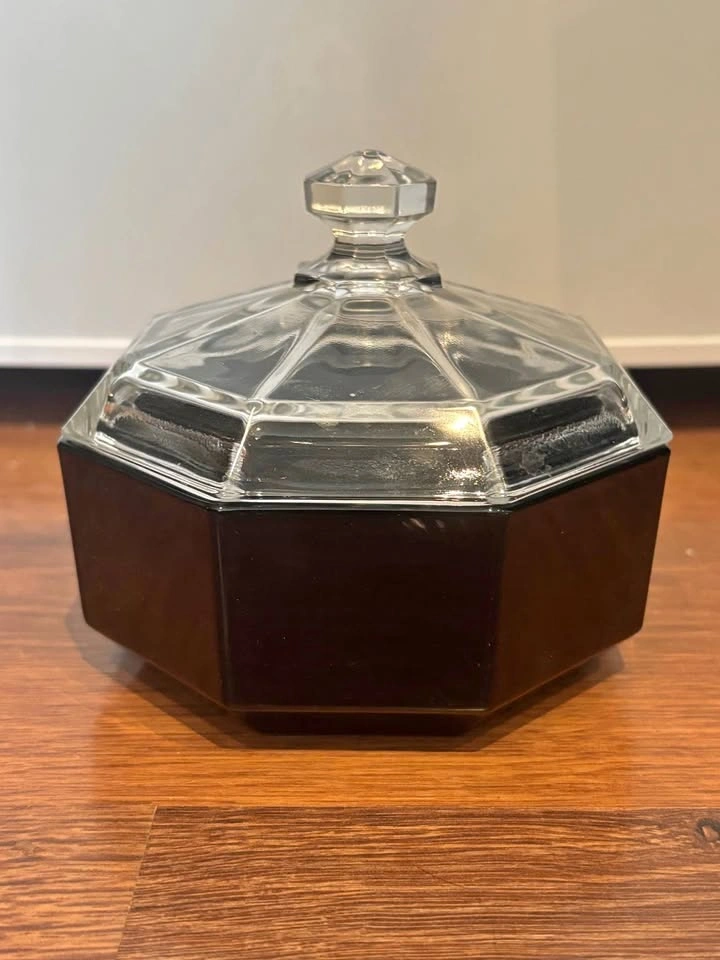 Vtg Arcoroc France Octime Black Glass Trinket Candy Dish Lid Sug